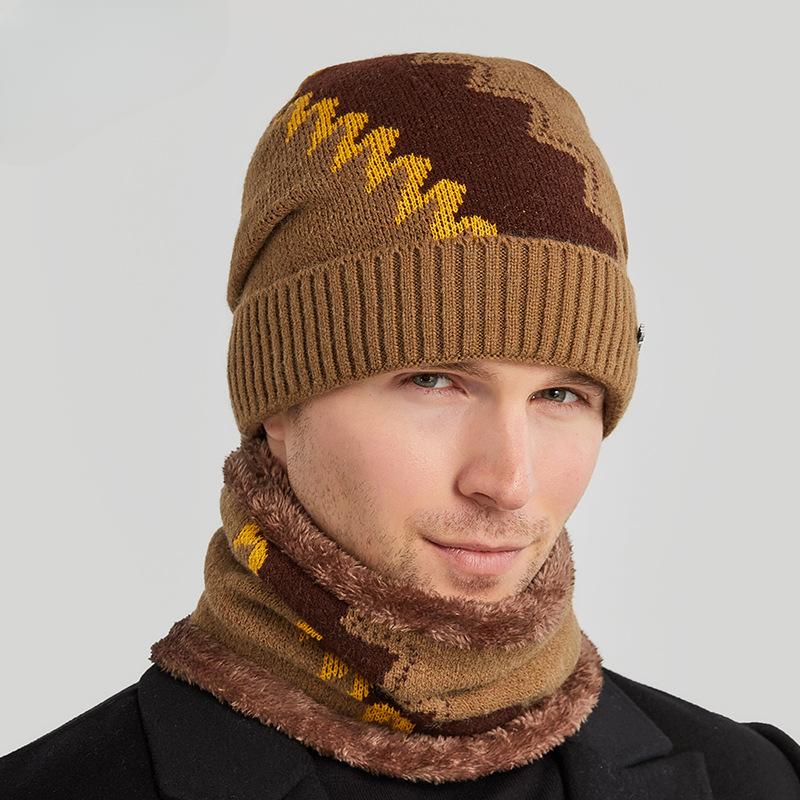Autumn and Winter Knitted Hat Men's Fleece-lined Warm Scarf Set Sleeve Cap Colorblock All-Matching Woolen Cap