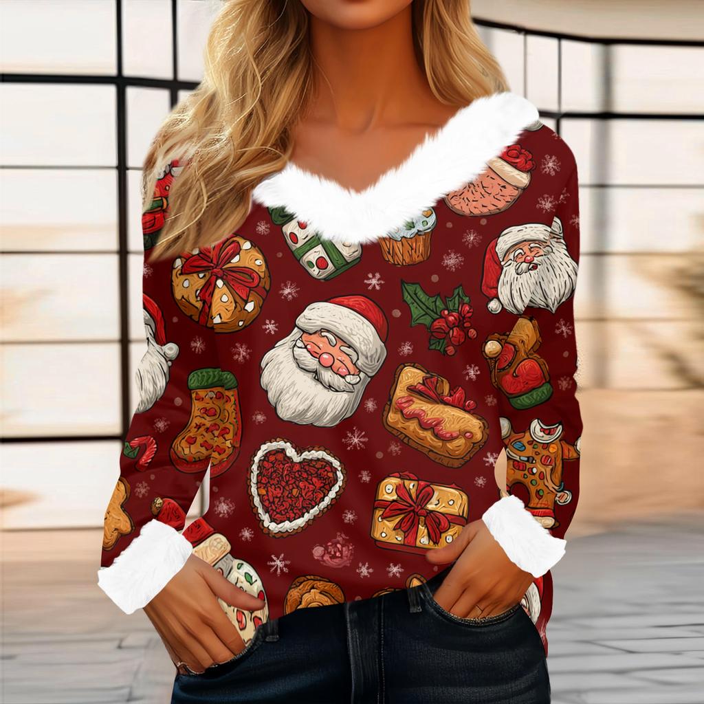 Women's Casual Fashion Long Sleeve Christmas Printed Flannel Collar Top