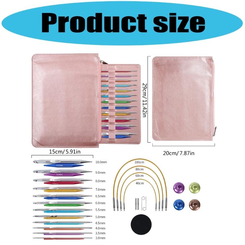 12Pairs Aluminum Alloy Tunisian Crochet Hook with Cable 3.0mm-10mm Interchangeable Circular Knitting Needle for Knitting