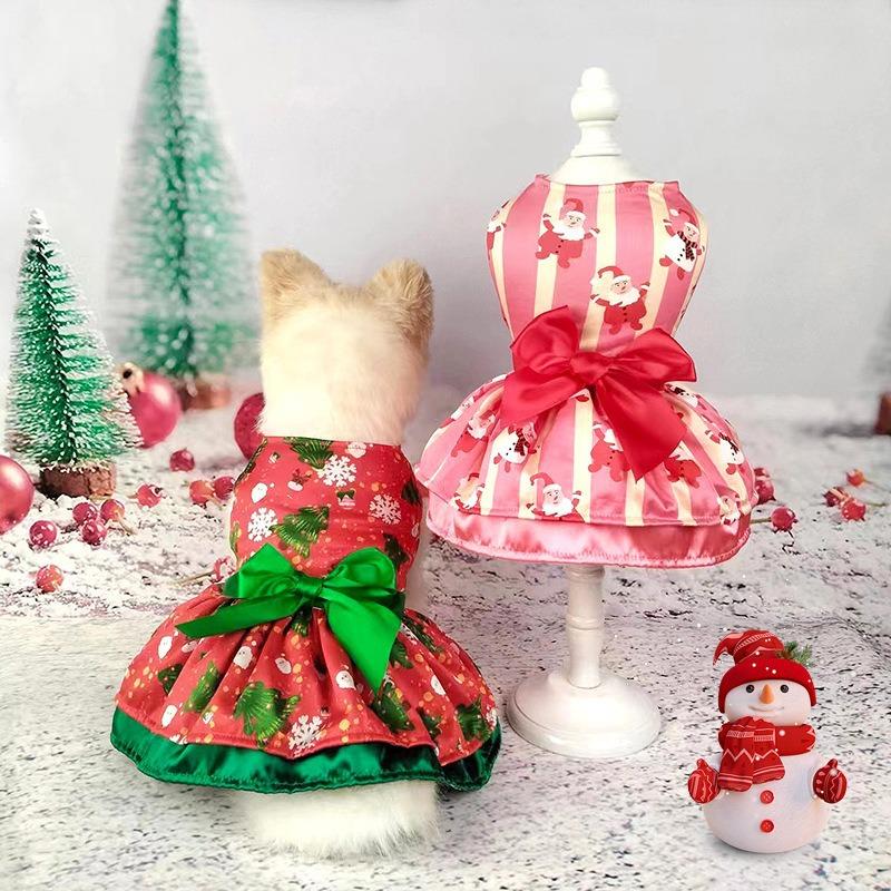 Pet Clothes Christmas Dress Double New Bow Christmas Tree Snowflake Old Man Elk Fan Red Green