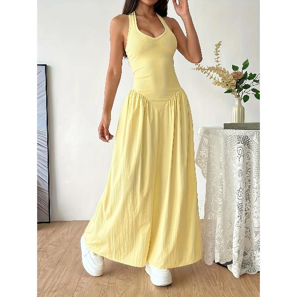 Women Yellow Halter Neck Maxi Dress Sleeveless V-Neck Backless A-Line Long Dress Casual Summer Elegant Beach Party Dresses