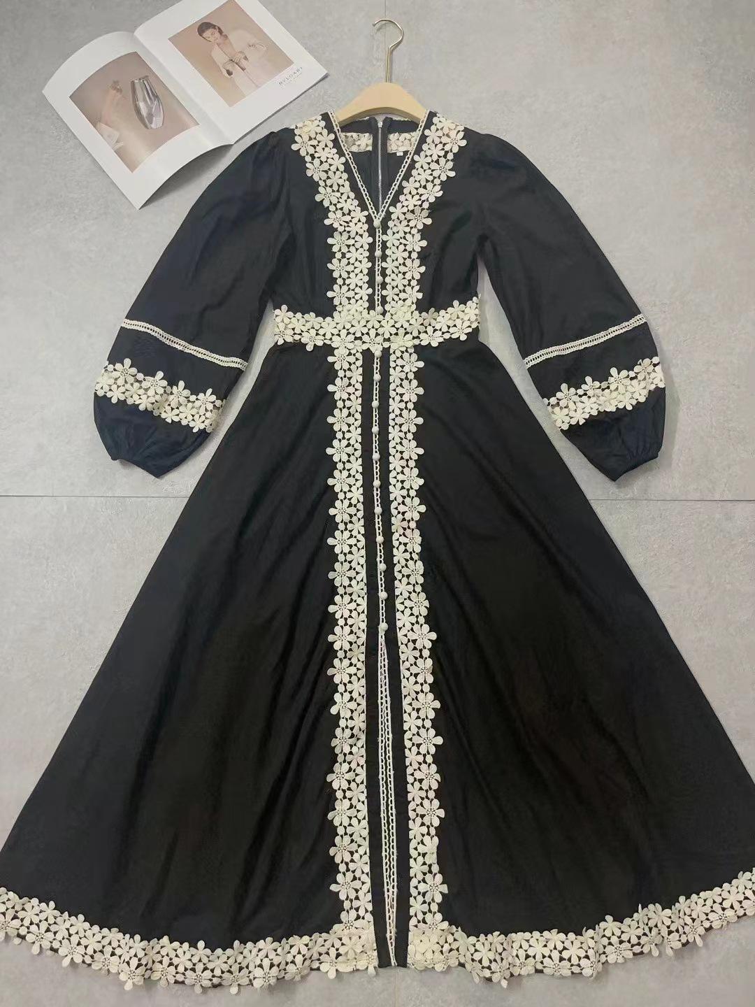 

Элегантное длинное платье с рукавами-фонариками из французского ретро-кружева для женщин, осень 2023 г. S чёрный