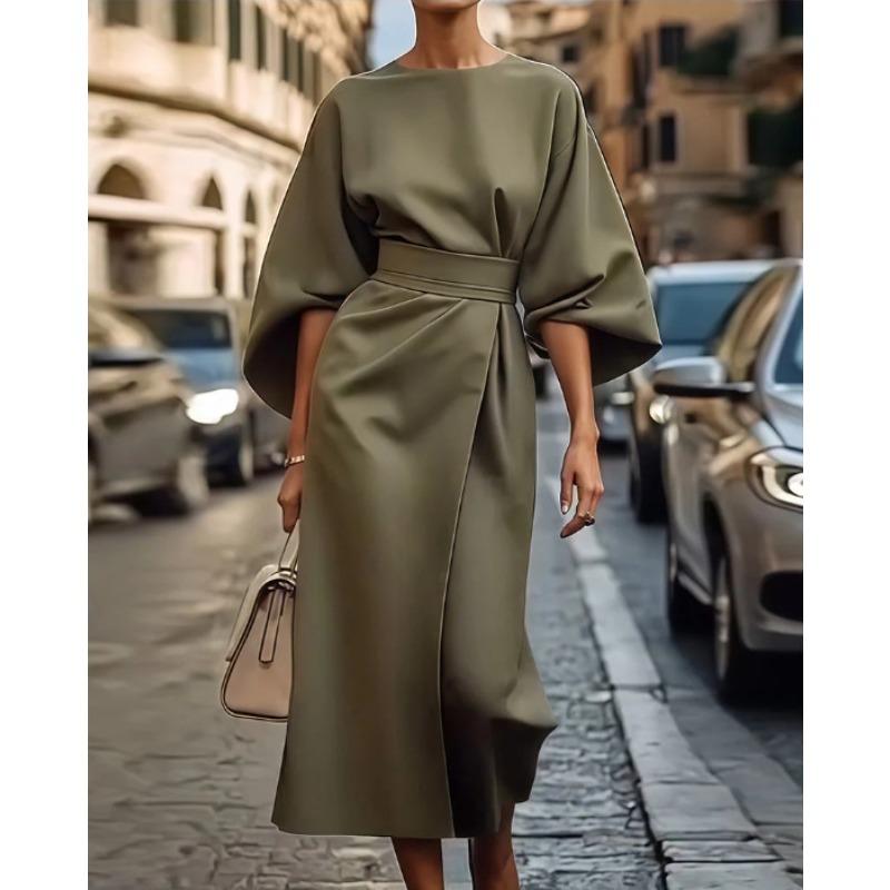 Damenkleidung Europäische und amerikanische Mode Temperament Elegantes einfarbiges Taillenkleid Lässiges Fledermausärmel-Langkleid