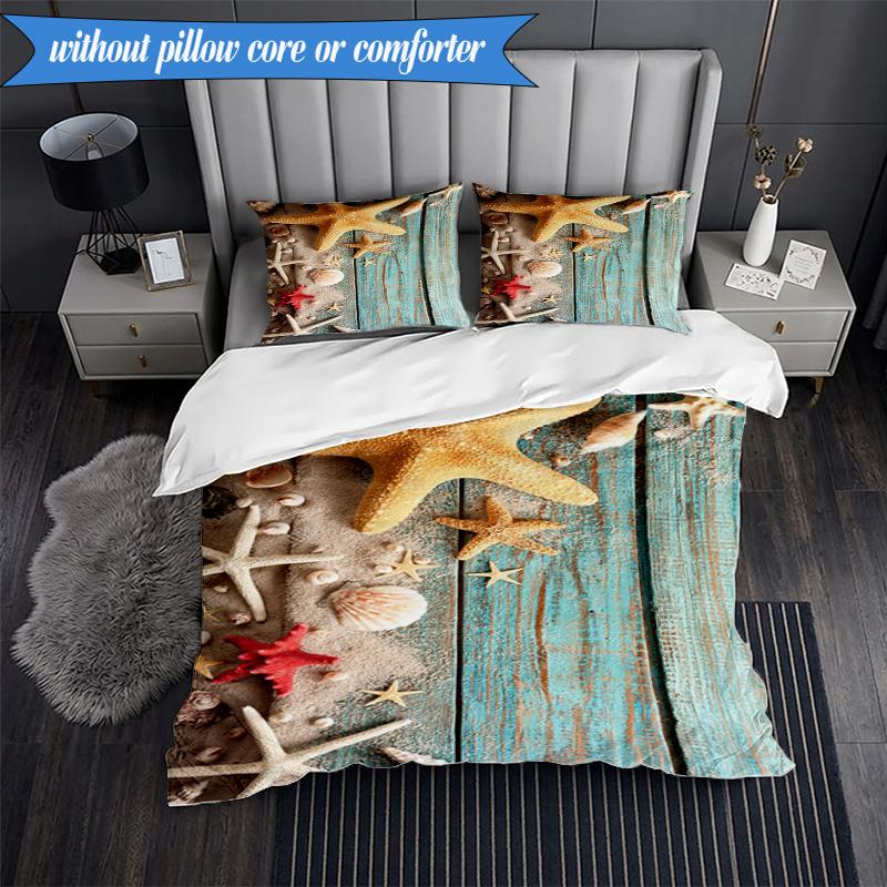 3PCS Ocean Starfish Shells Bedding Set,Including 1pc Duvet Cover And 2pcs Pillowcases Perfect for Bedroom, Dormitory, Fan Christmas gift
