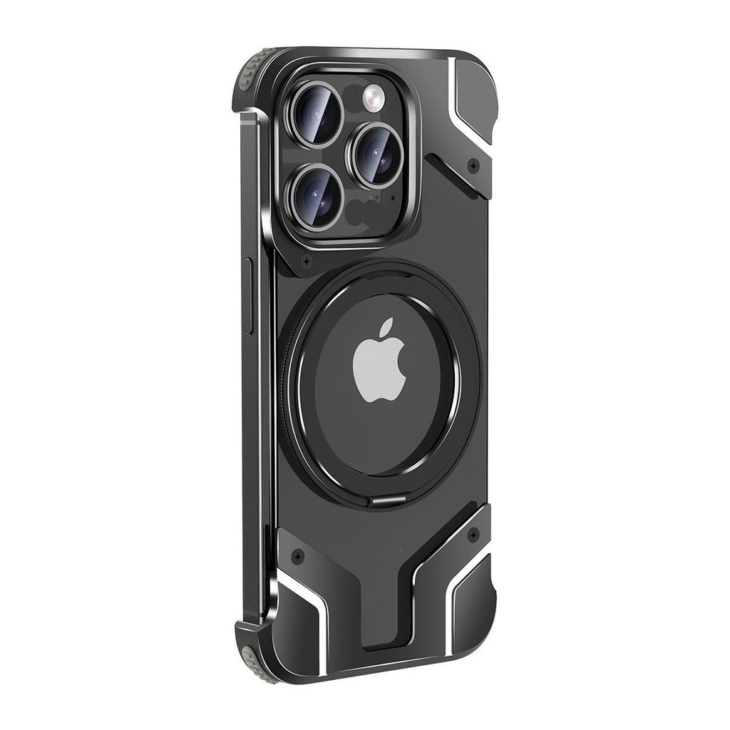 Magnetic Rotating Stand Case for iPhone 15 Pro Max and iPhone 14: Transparent Battle Armor Design