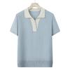 Women Light Gray Beige Color Block Polo Collar Short Sleeve Knit T Shirt Casual Elegant