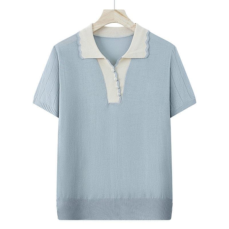Women Light Gray Beige Color Block Polo Collar Short Sleeve Knit T Shirt Casual Elegant