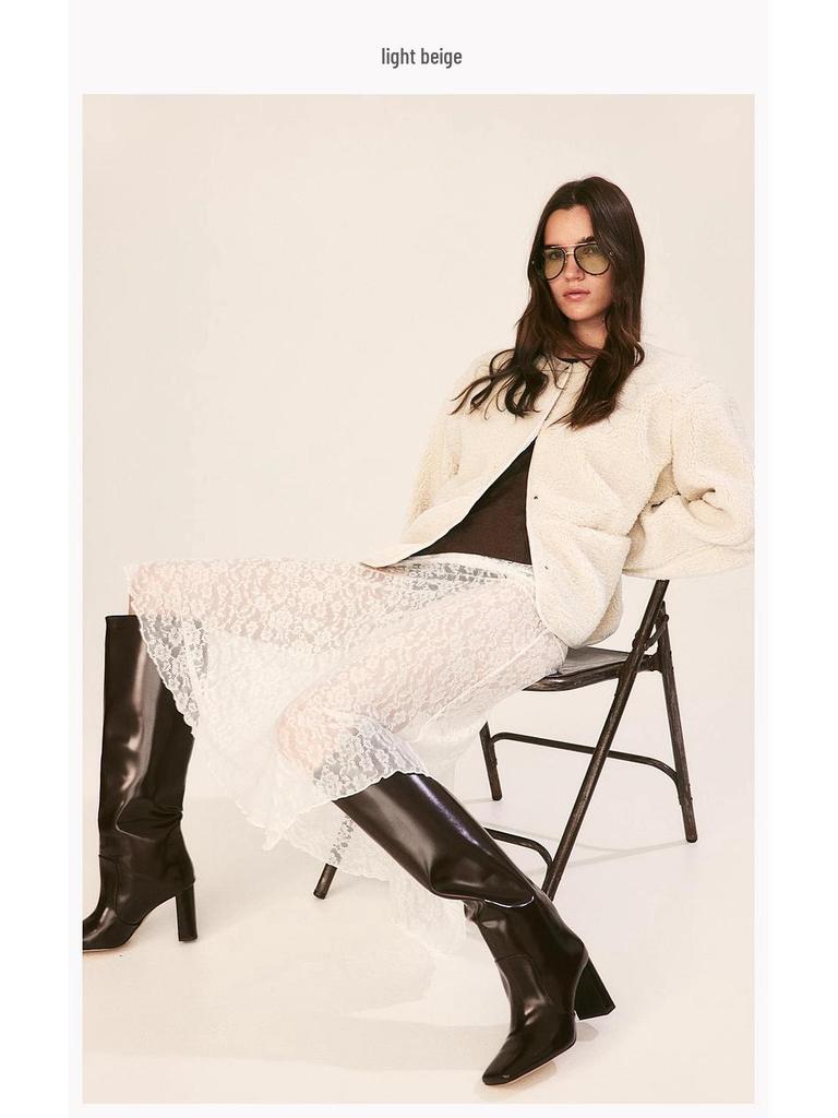 Women's Autumn Plush Teddy Fleece Jacket - European & American Style, Round Neck, Casual, Solid Color.