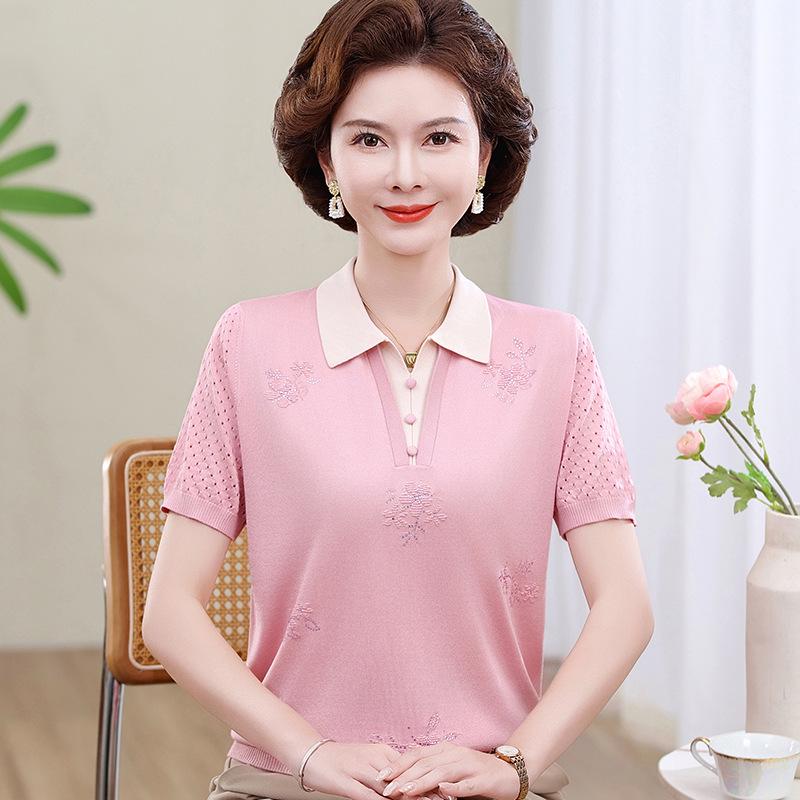 

Stylish Summer Ice Silk Knit Top: Short-Sleeve Lapel Design for Middle-Aged and Elderly Women 4XL (recommended for 135-150 jin) рожевий