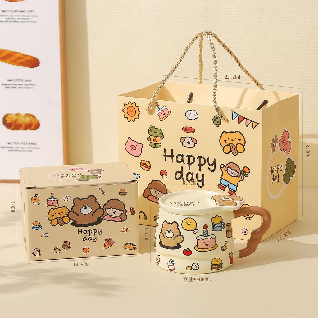 Children's fun, cute graffiti ceramic mug with lid, birthday gift, household drinking water, high-value water cup, souvenir gift girl