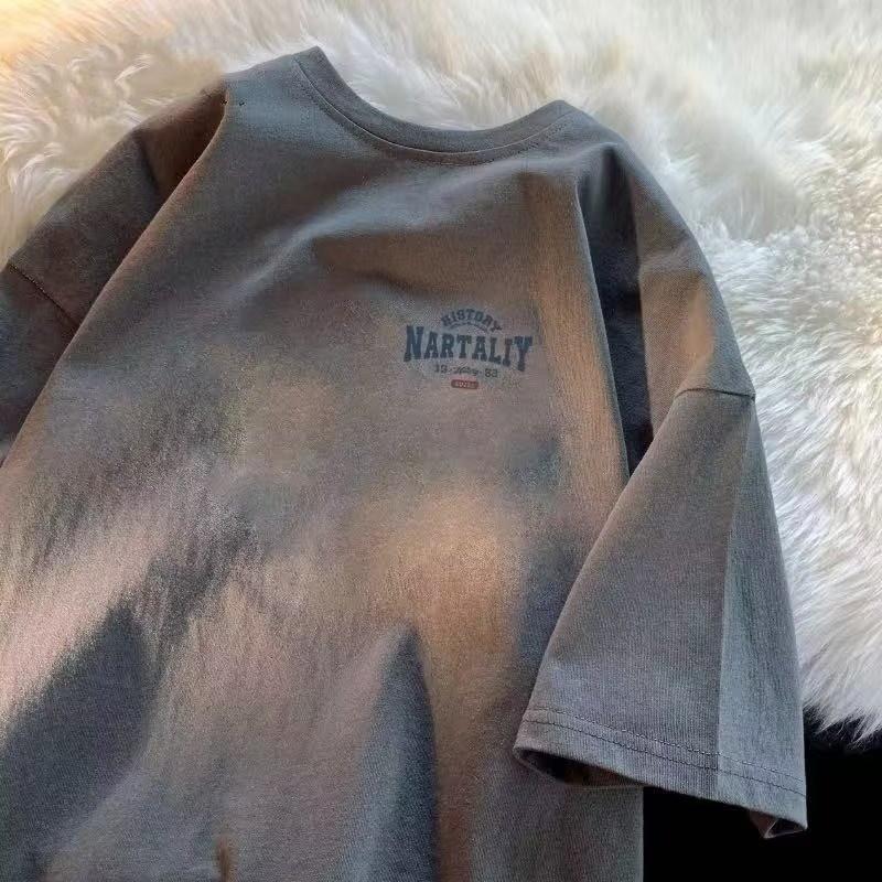 4XL Men Oversized Fashion Loose American Vintage Letter NAET Print Short Sleeve Round Neck Versatile Trend Couple Outfit