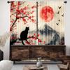 2pcs Elegant Japanese Sakura Sheer Curtains – Black Cat & Mount Fuji Design for Bedroom & Living Room Decor
