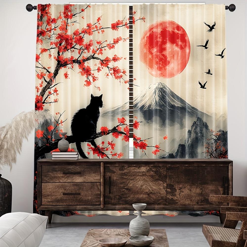 2pcs Elegant Japanese Sakura Sheer Curtains – Black Cat & Mount Fuji Design for Bedroom & Living Room Decor