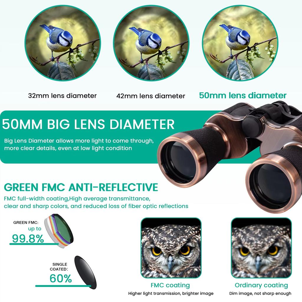 HD Binoculars 20x50 for Adults Professional Waterproof BAK4 Prism Large View Telescope for Outdoor Sport Clear Low Light Vision