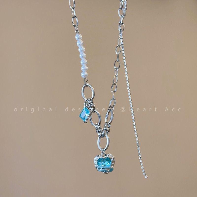 Mint sea blue love zircon necklace female design sense niche ins versatile pure desire wind senior collarbone chain female