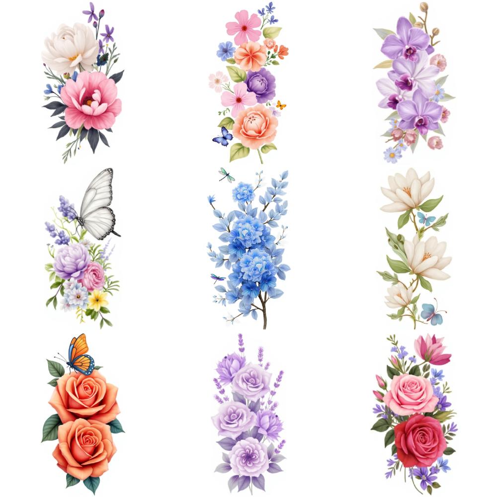 9pcs Temporary Tattoo Colorful Hibiscus Tulips Sunflower For Male Thighs Adult