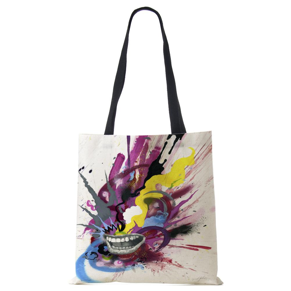 Painted Canvas Tote Shoulder Bag Women Cute Print Harajuku Casual Shopping Handbag Reusable Large Capacity Beach Bag