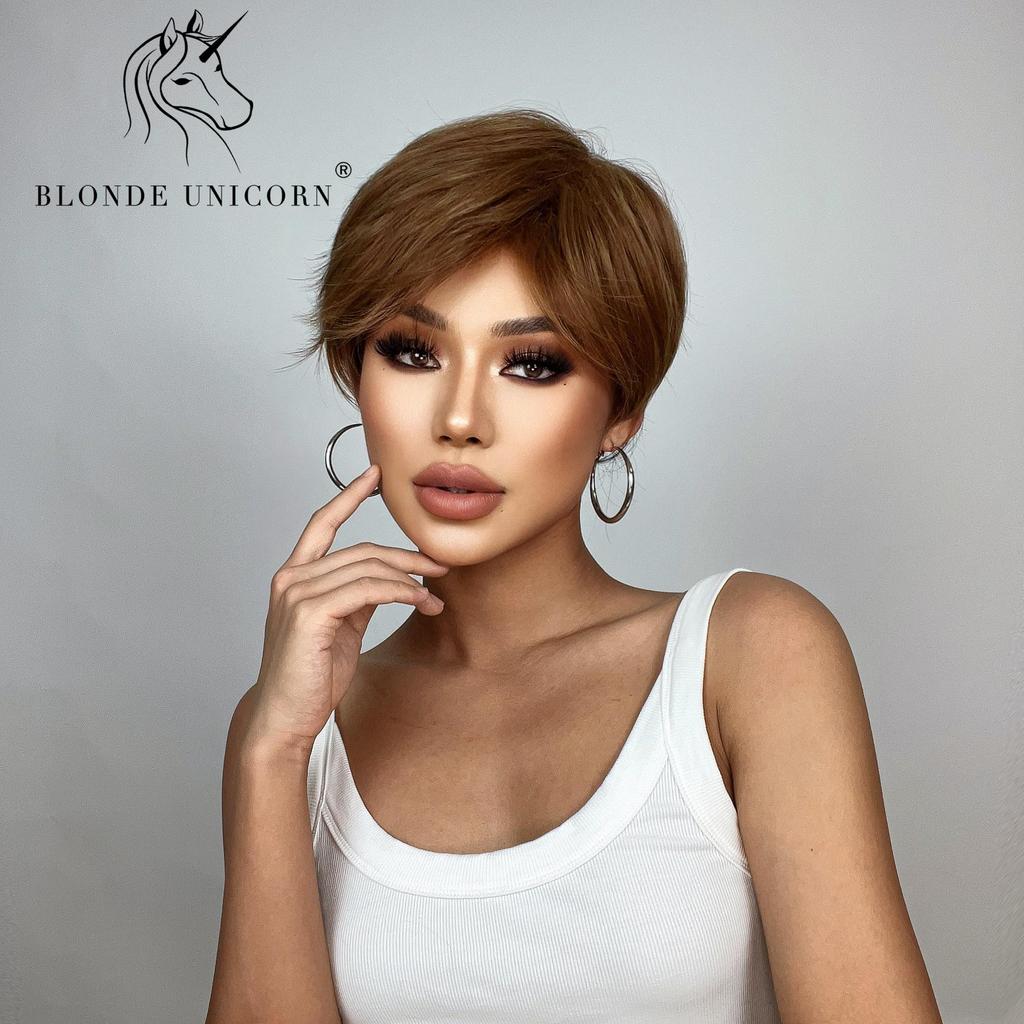 BLONDE UNICORN 8 inch Short Straight Hair Wigs for Women Ladies Ombre Brown Heat Resistant Synthetic Wigs
