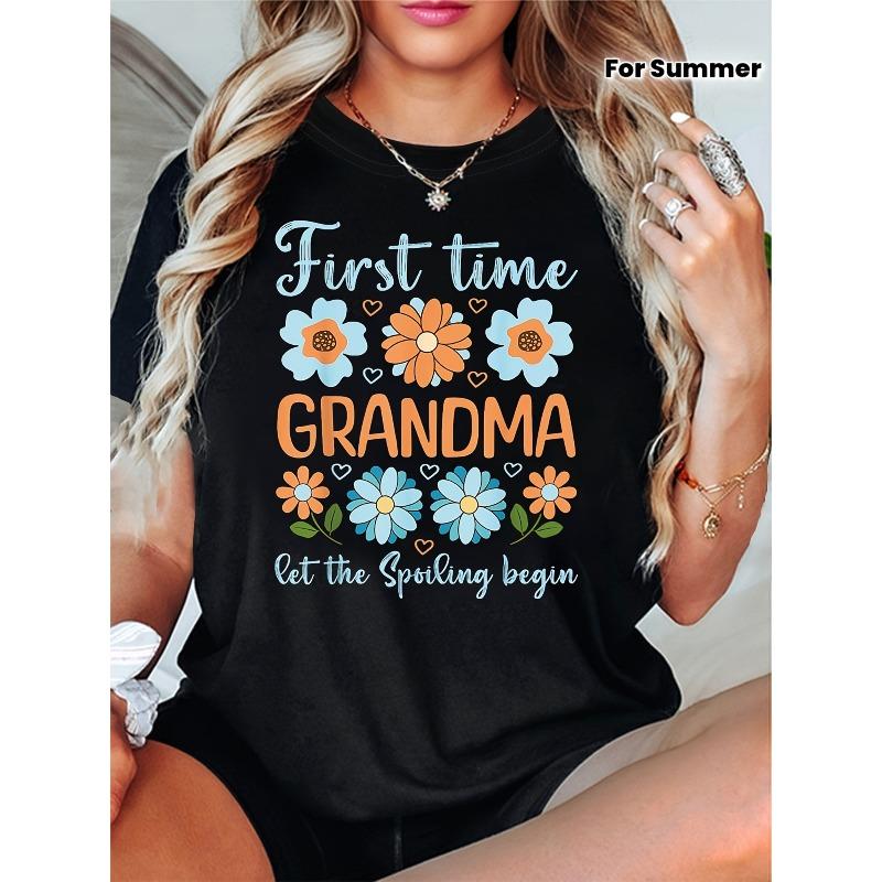 

First - Time Grandma Flower Graphic Print T - Shirt Women s Spring - Summer Short - Sleeve Crew - Neck Casual T - Shirt, S чёрный