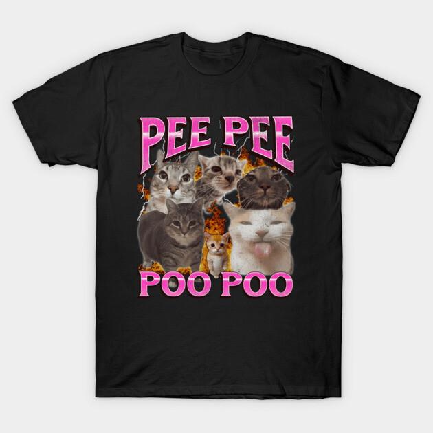 Asian Size Men Black Print T-shirt Pee Pee Poo Poo Cat Bootleg No-Cut Print Cotton Tshirt