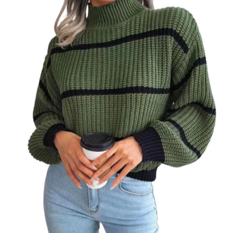 European and American Style Sweater for Beautiful Women In Autumn and Winter, High Necked Loose Striped Long Sleeved Sweater