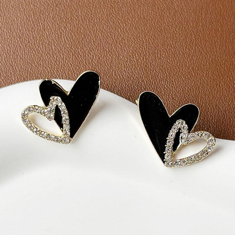Black Enamel Bilayer Heart Stud Earrings Hollow Crystal Love Heart Earrings for Women Korean Lovely Ear Accessories Brincos