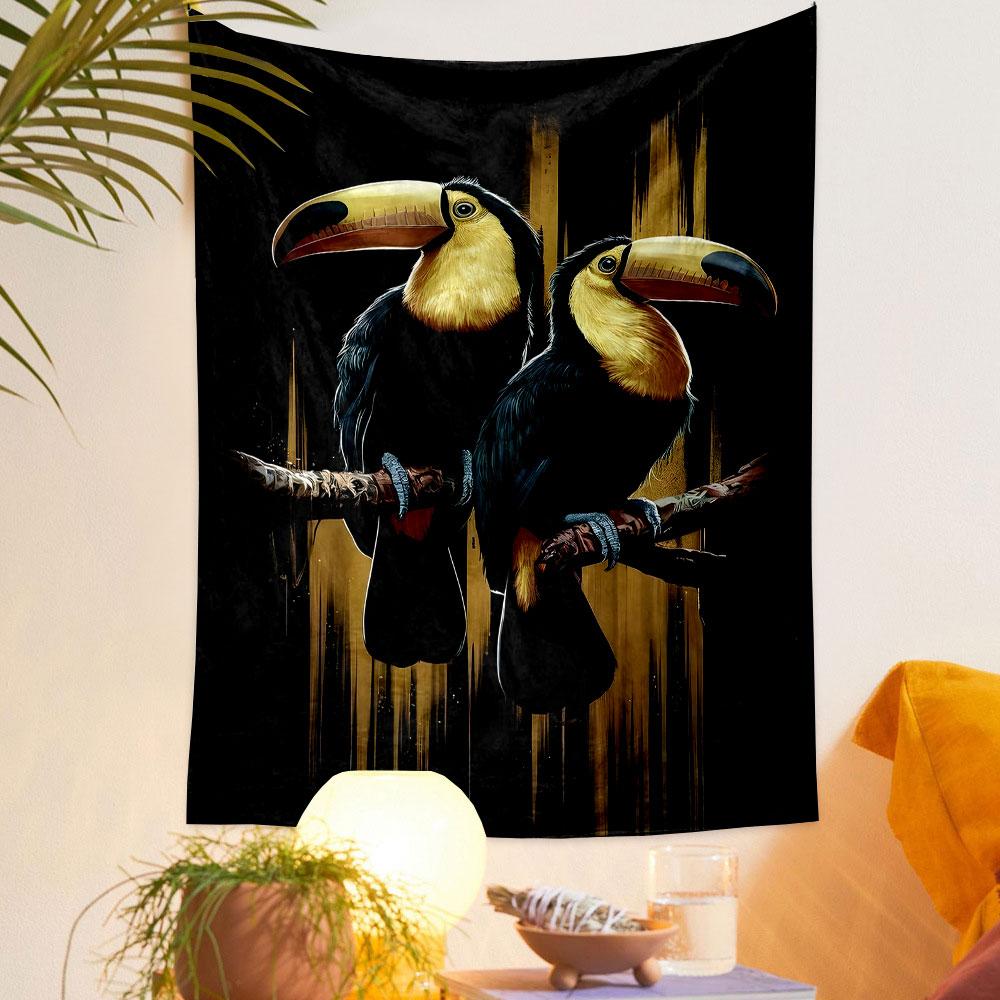 Toucans On Branches with Gold Accents Patterned Tapestry Decorative Wall Hanging, Home Bedroom Living Room Decor