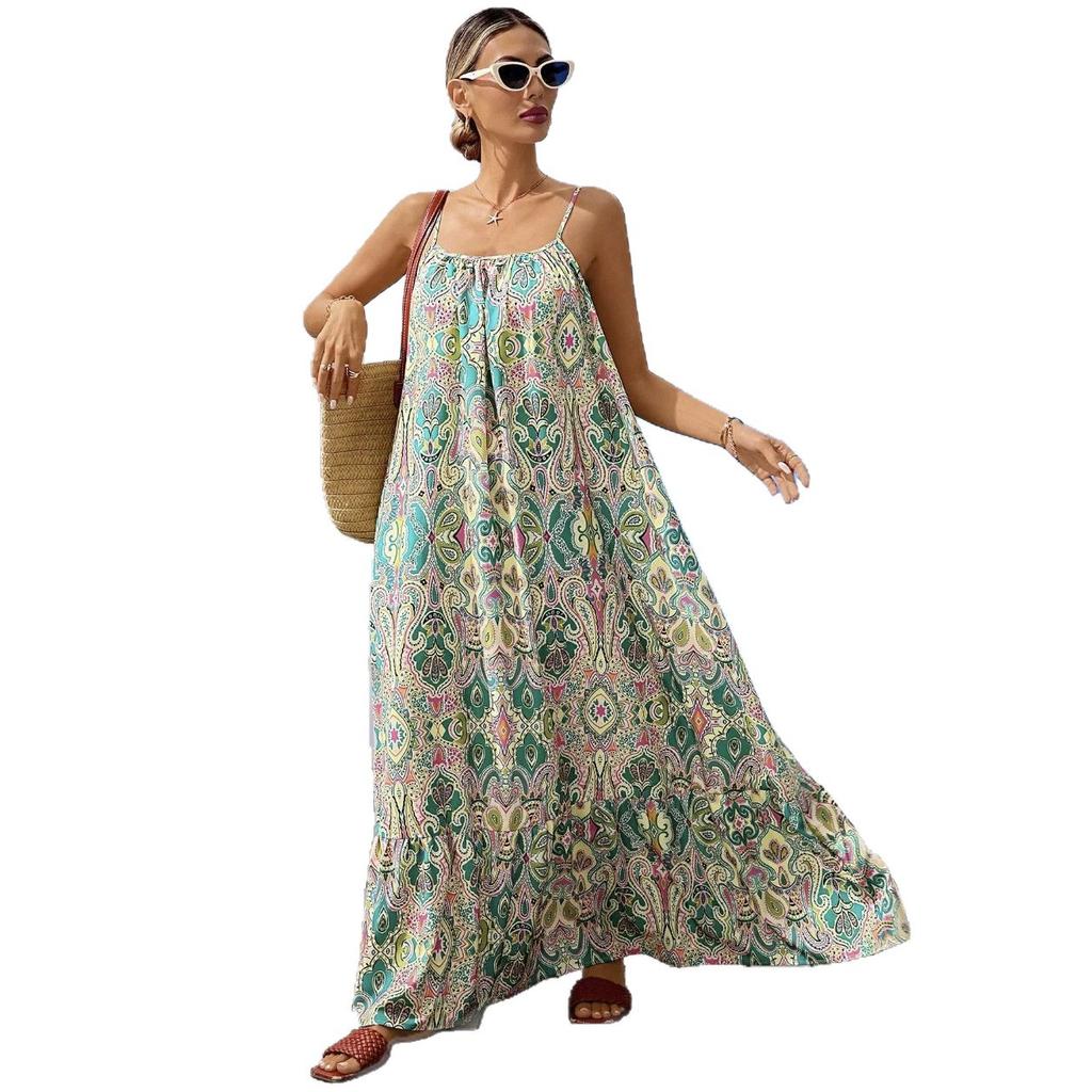 New European and American Express printed crew neck long suspender dress
