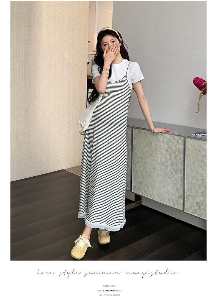 2026 Summer Casual Maternity Two-Piece Set: Short-Sleeved T-Shirt + Striped Slimming Overalls Skirt
