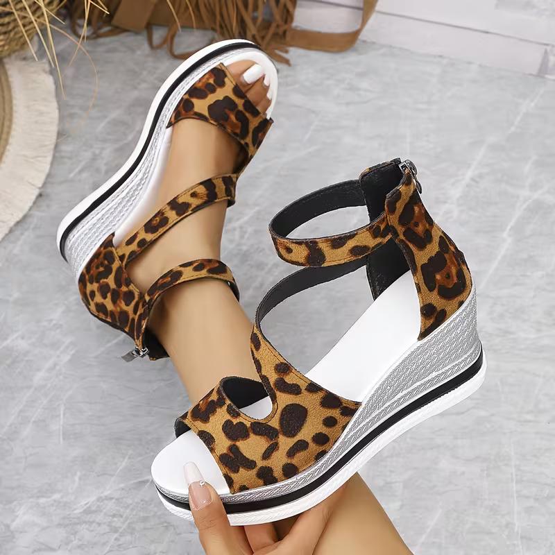 Fashionable brown cross-belt thick-soled wedge sandals, comfortable and increased women's shoes
