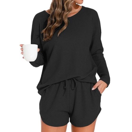 Damen Waffelstrick Pyjama Set Lässiges Langarm Oberteil und Shorts Nachtwäsche 2-teiliges Pjs Lounge Set mit Taschen