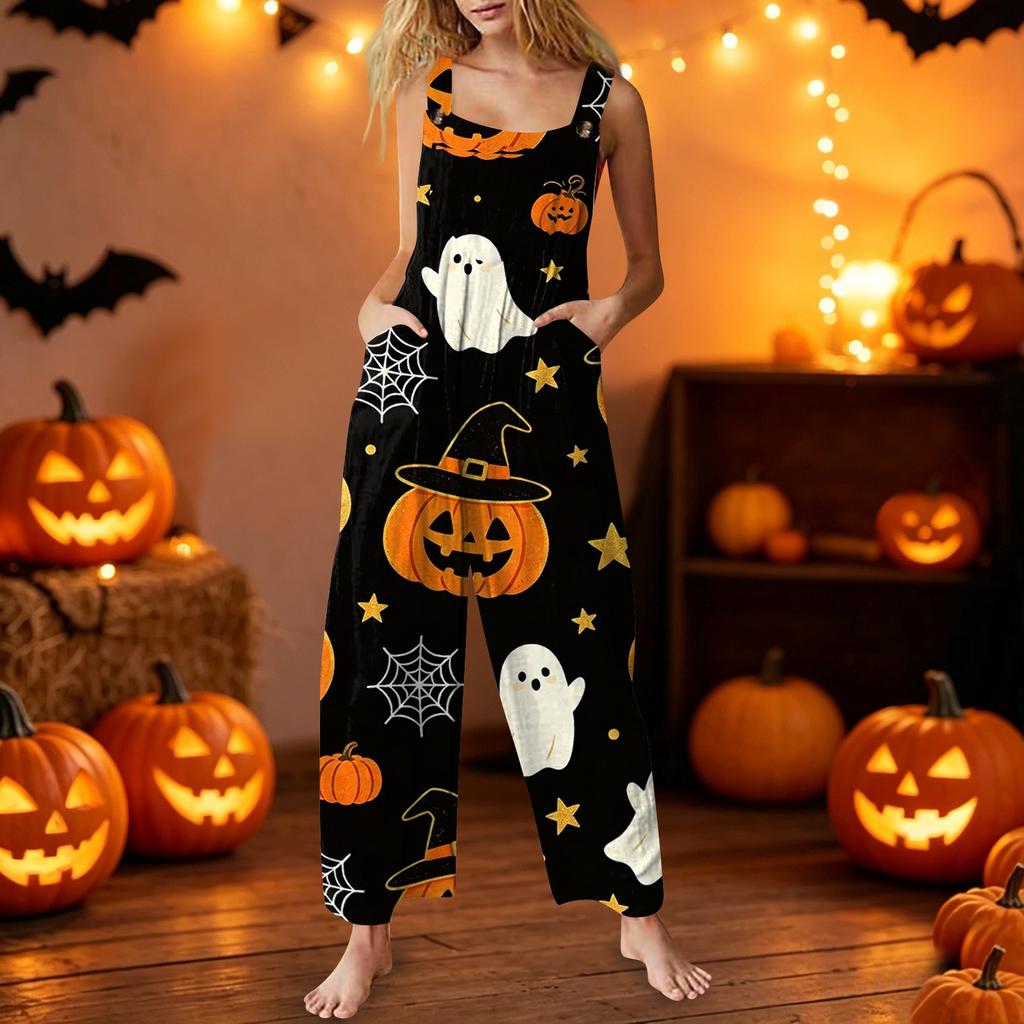 Women's Sleeveless Jumpsuit Halloween Print Cotton Casual Loose Fit Overalls Wide Leg Romper Pocketed