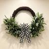 Artificial Lamb Ear Wreath Faux Greenery Leaves Rattan Wreath with Striped Bow Spring Farmhouse Hanging Decor for Front Door Wall Holiday Party