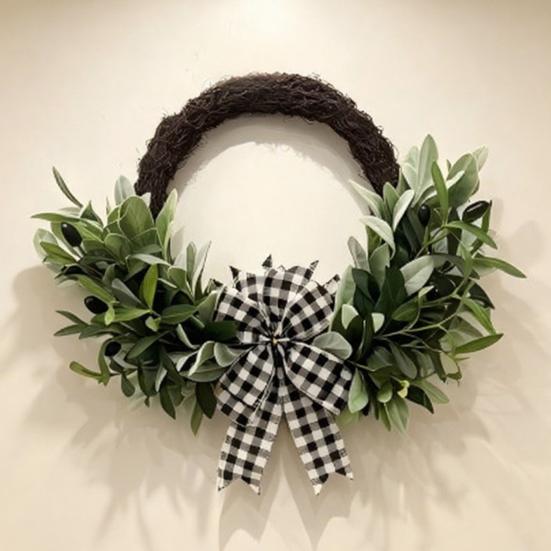 Artificial Lamb Ear Wreath Faux Greenery Leaves Rattan Wreath with Striped Bow Spring Farmhouse Hanging Decor for Front Door Wall Holiday Party