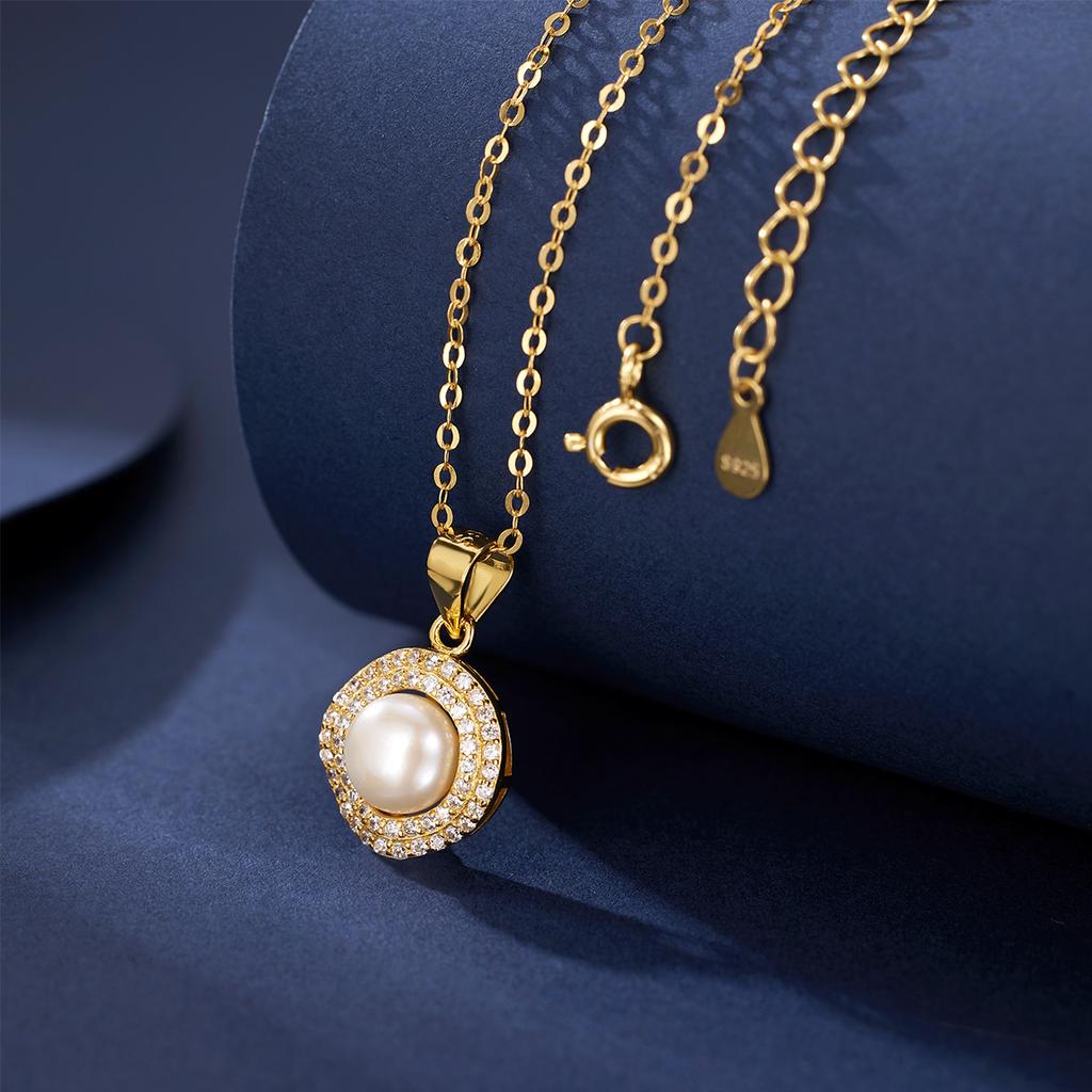 S925 Sterling Silver Round Pearl Necklace Women's Vintage Clavicle Chain Natural Freshwater Pearl Pendant