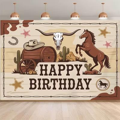 2D Western Happy Birthday Photography Backdrop, Cowboy Horse & Cactus Decor