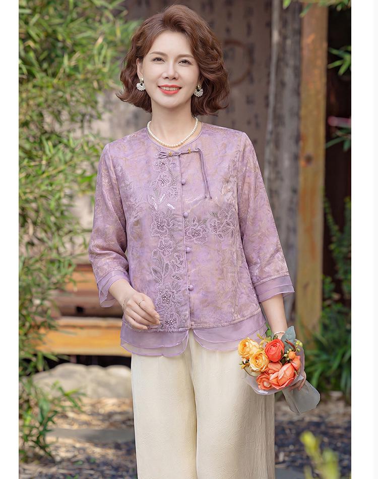 Summer 2026 Chinese Style Round Neck Top for Middle-Aged & Elderly Women