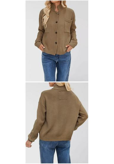 Women's Plus Size Solid Color Knitwear Cardigan with Stand-up Collar - New 2026 Collection
