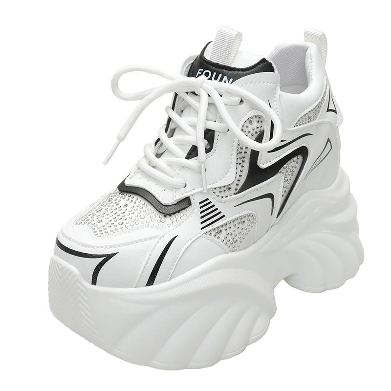 Fashion 10CM Heels Chunky Sneakers Spring Autumn Women Thick Leather Shoes Comfortable Casual Leather Shoes Fashion Bling Leather Shoes