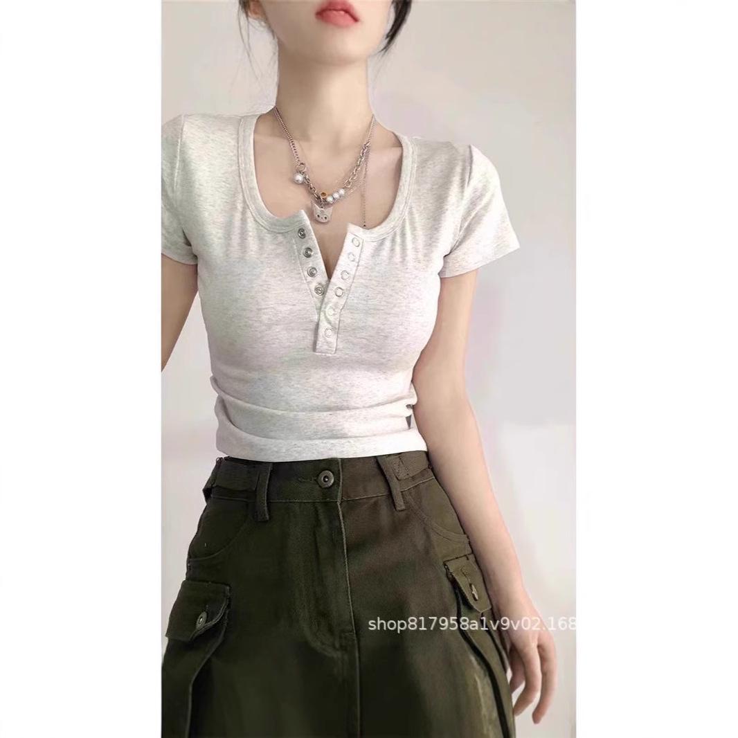

Women s Summer Slimming U-Neck Short Sleeve Retro T-Shirt Large серый