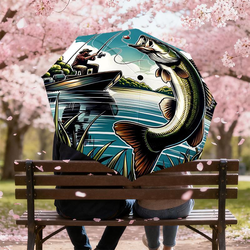1PC Fishing Bass Automatic Open/Close Umbrella with Windproof, 8-Rib Sturdy Canopy, Durable Ribs, Fashionable Design, Outdoor Accessory, Fun Prin, Hol
