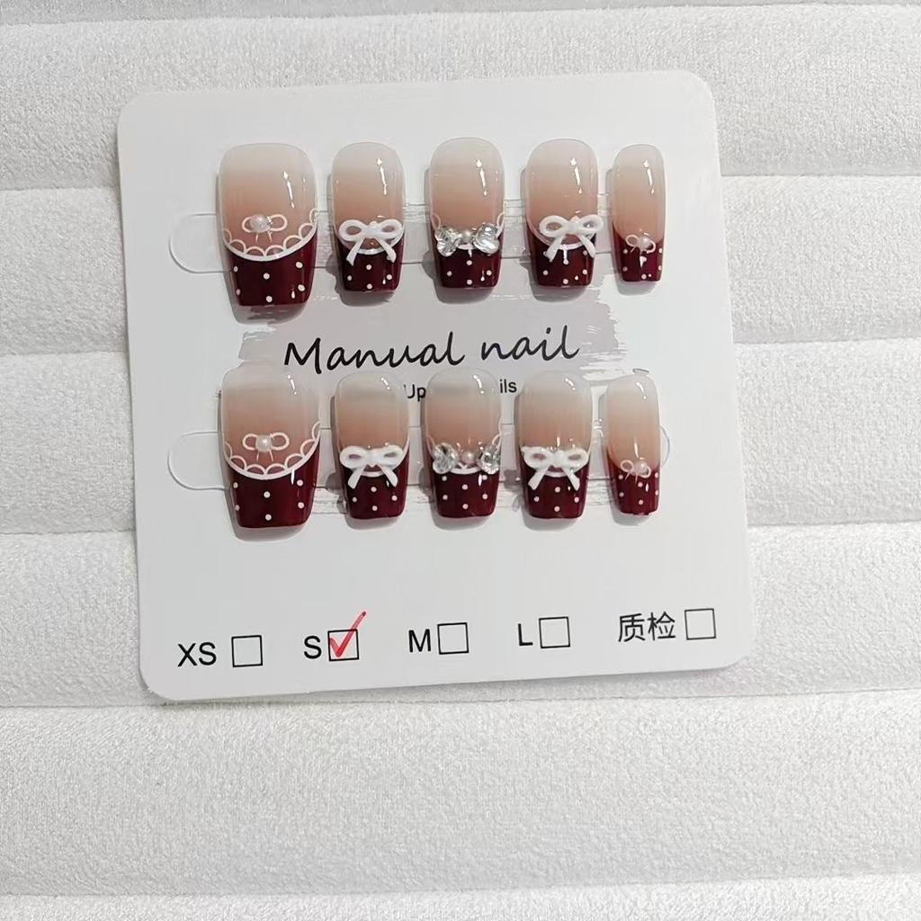 10Pcs Red Polka Dot Bow French Press On Nails Sweet Cute Handmade Removable False Nail Tips For Girls