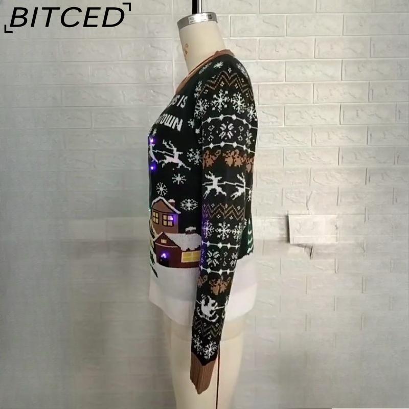 BITCED Women's Casual O-Neck Christmas Jumper Lazy-Chic Autumn/Winter LED Light-Up Pullover