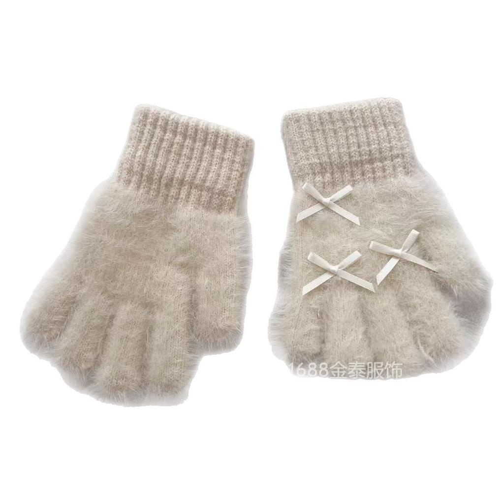 Rękawiczki z kokardą z futra królika Jesienno-zimowe dziecięce niemowlęce pogrubione ciepłe futrzane pięciopalcowe rękawiczki