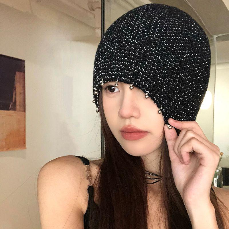 Ins Spicy Girl Sequin Pile Hat Hat Women's Versatile Fashion Handmade Knitted Hollow Out Face Display Cold Hat with Head Cover