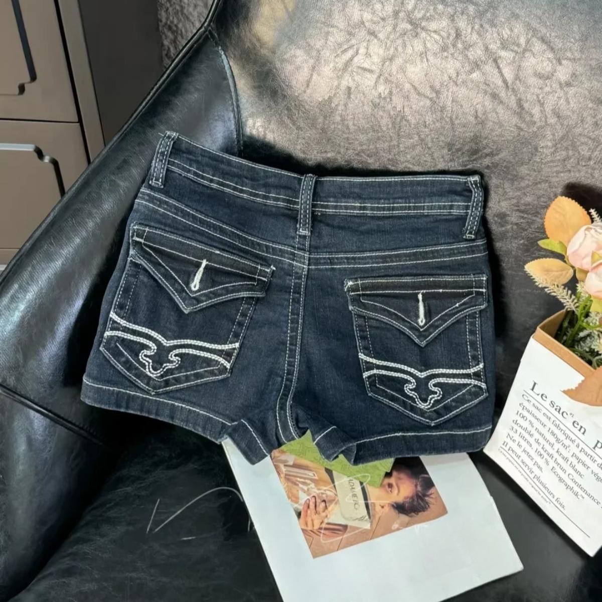 VIONA Low-Waist Embroidered Denim Shorts Women s High Elastic Slimming Butt-Lifting Sexy Bodycon Cotton Stretch XS темно-синий