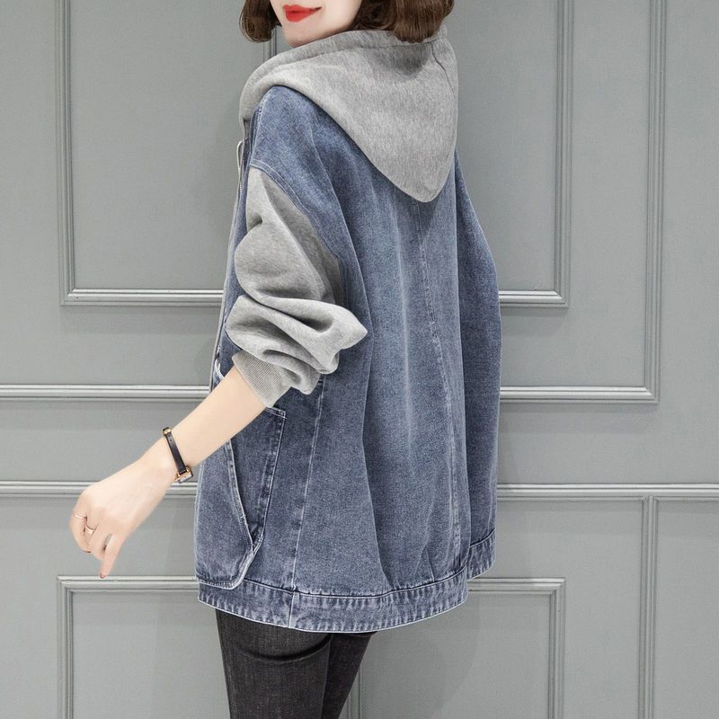 Women's Hooded Denim Jacket Spring Autumn Patchwork, Loose Large-sized Basic Jacket, Zipper Fashion Female Motorcycle Jacket
