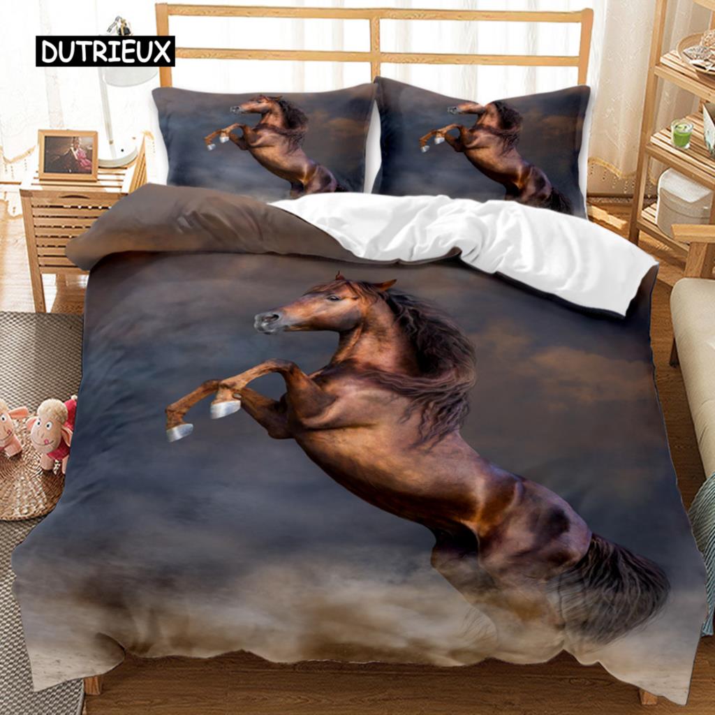 Horse Duvet Cover Set 3D Steed Print Comforter Cover Wildlife Bedding Set Animal Polyester Quilt Cover Double Queen King Size
