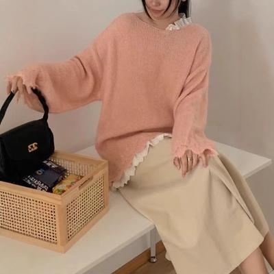 Spring New Lace Splicing Knitted Sweater Top Loose Soft Waxy Lazy Wind Sweet Sweater Pullover Woman