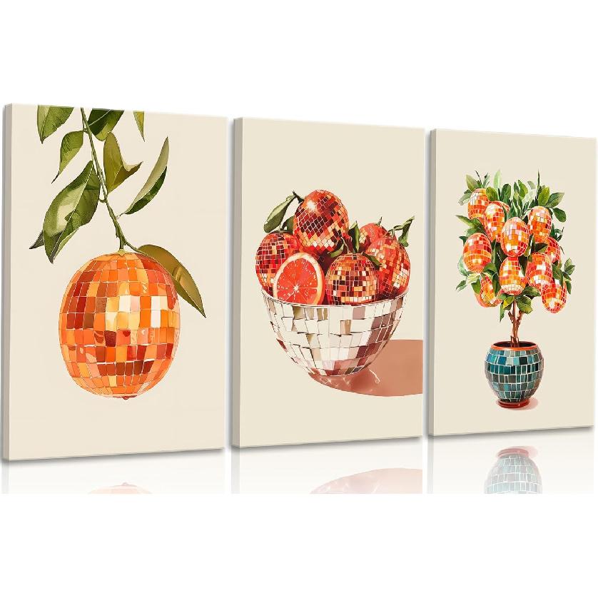 3Pcs Retro Disco Oranges Wall Art Funky Girl Preppy Wall Decor Pictures Fashion Glam Fruit Orange Food Mirror Ball Posters Canvas Prints for Bar Cart